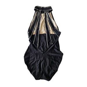 Vtg Bill Blass Black Cutout Halter Silver Embellished Leotard Swimsuit 12